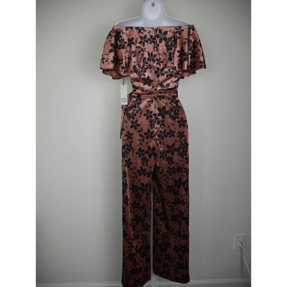 Unique Vintage mauve Sparkle & Black Floral Velvet Wide Leg Belted Jumpsuit XS - Picture 6 of 9